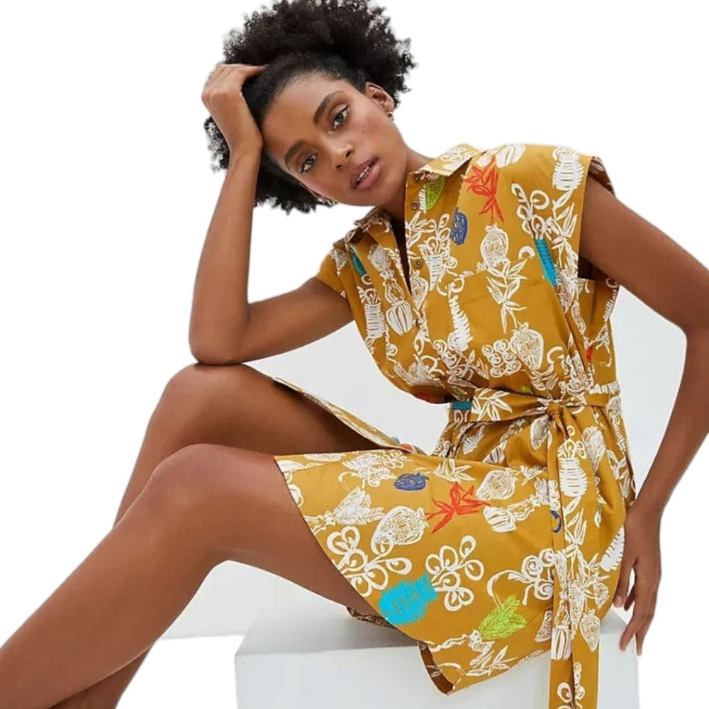 MAEVE ANTHRO Toni Tunic Dress M Tropical Tiki Print Button Down Shirt Dress - Picture 5 of 16